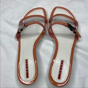 EUC Prada Patent Buckle Slides - rose